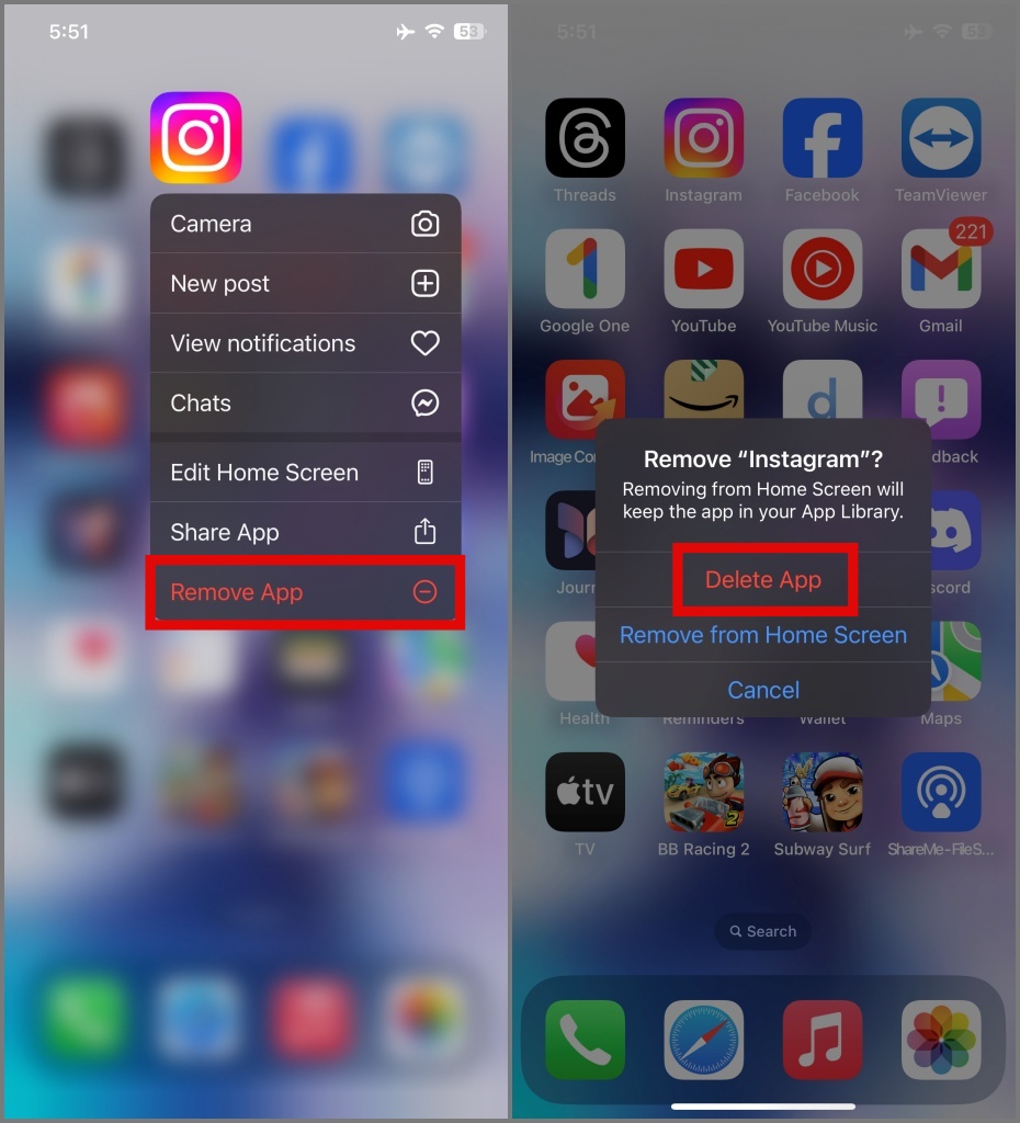 Desinstalar la aplicación Instagram en iPhone