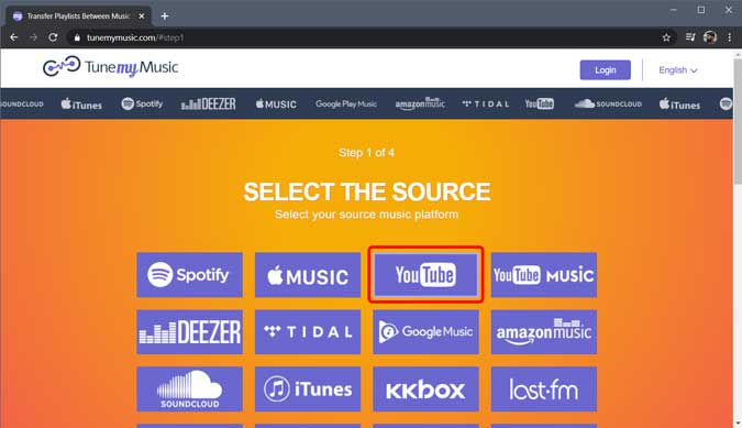 Seleccione el servicio de origen YouTube