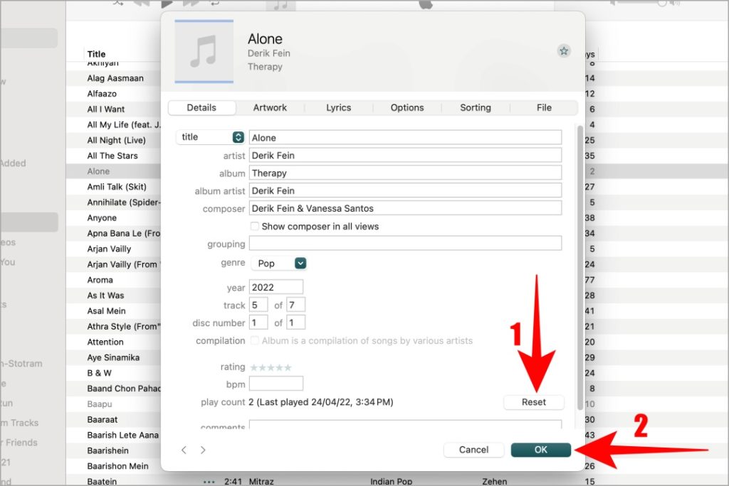 Restablecer el número de obras en Apple Music