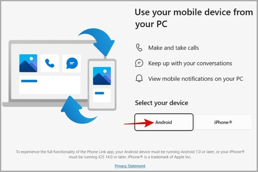 Aplicación de enlace del teléfono en Windows