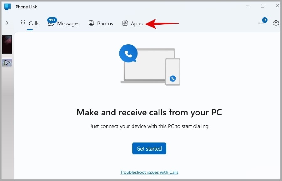 Pestaña Aplicaciones en la aplicación de enlace del teléfono en Windows