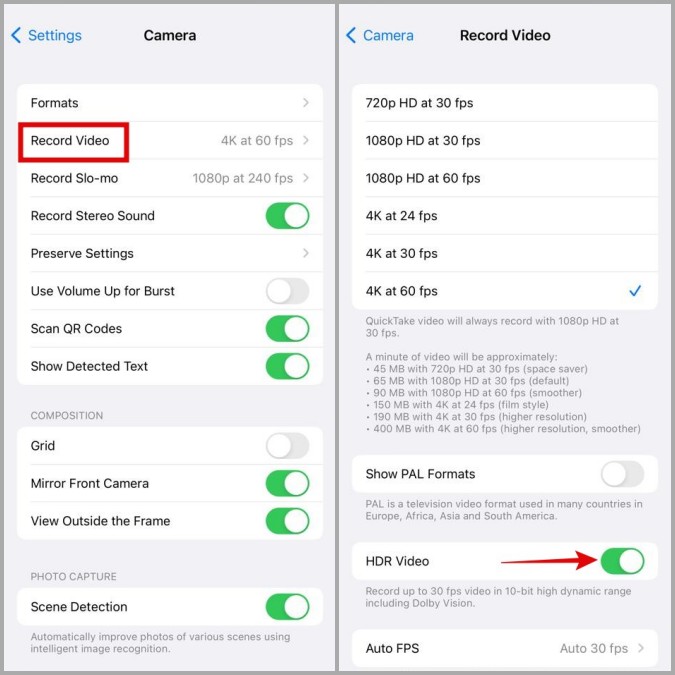 Desactivar la grabación de video HDR en iPhone
