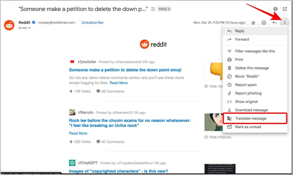 Traducir el mensaje en Gmail Desktop