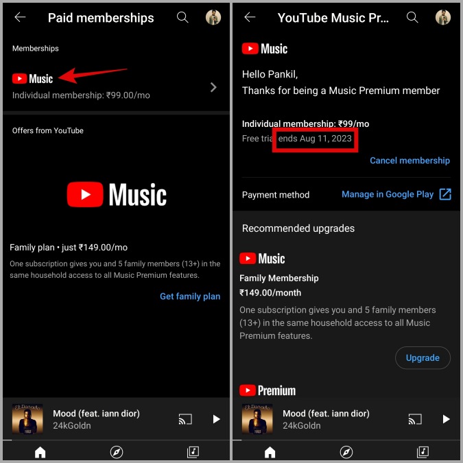 Consulte el estado de membresía musical de YouTube en la aplicación