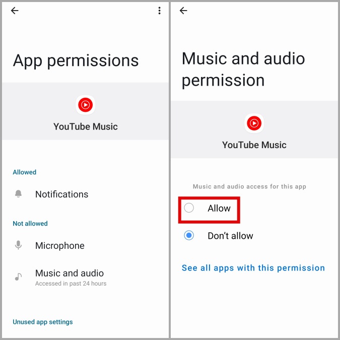 Permitir permisos de la aplicación de música de YouTube en Android