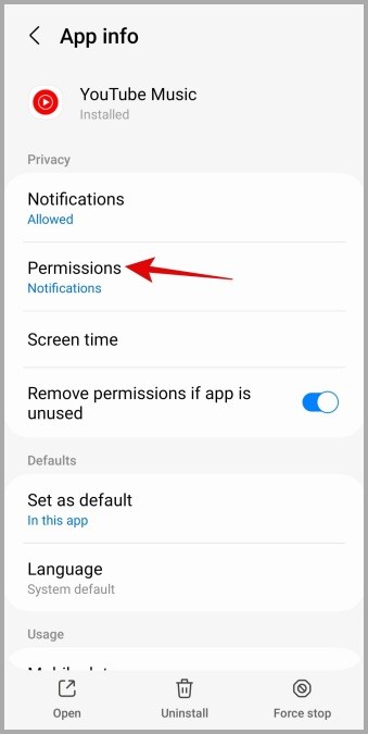 Permisos de la aplicación de música de YouTube en Android