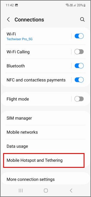 Punto de acceso móvil y atado en la configuración en dispositivos Samsung Galaxy