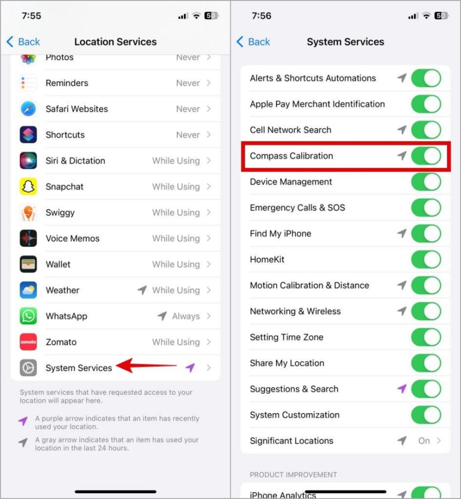 Habilitar la calibración de la brújula en iPhone