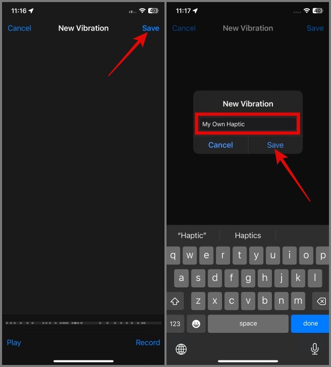 Toque Guardar para crear una vibración personalizada