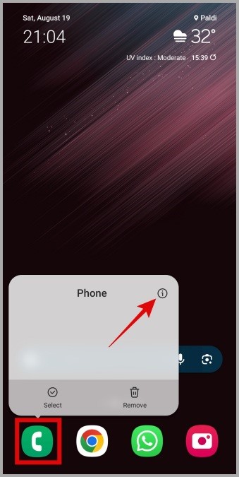 Abra la información de la aplicación del teléfono en el teléfono Samsung Galaxy