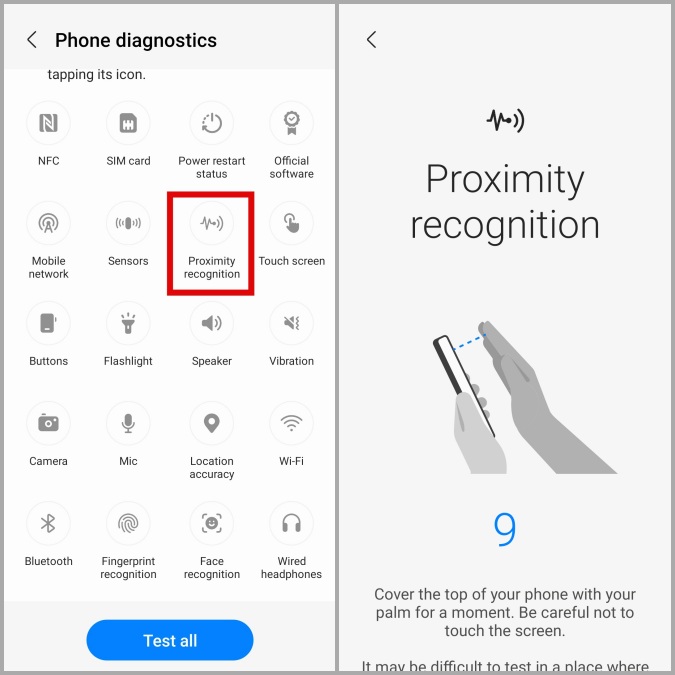 Sensor de proximidad de prueba en el teléfono Samsung Galaxy