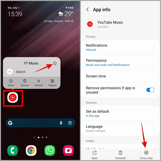 Force Stop la aplicación de música de YouTube en Android