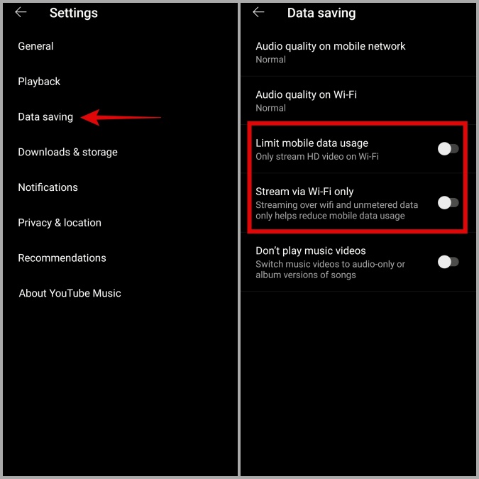 Deshabilitar el ahorro de datos en la aplicación de música de YouTube