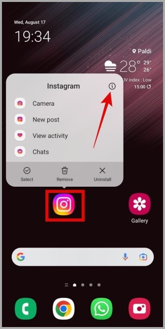Información de la aplicación de Instagram en Android