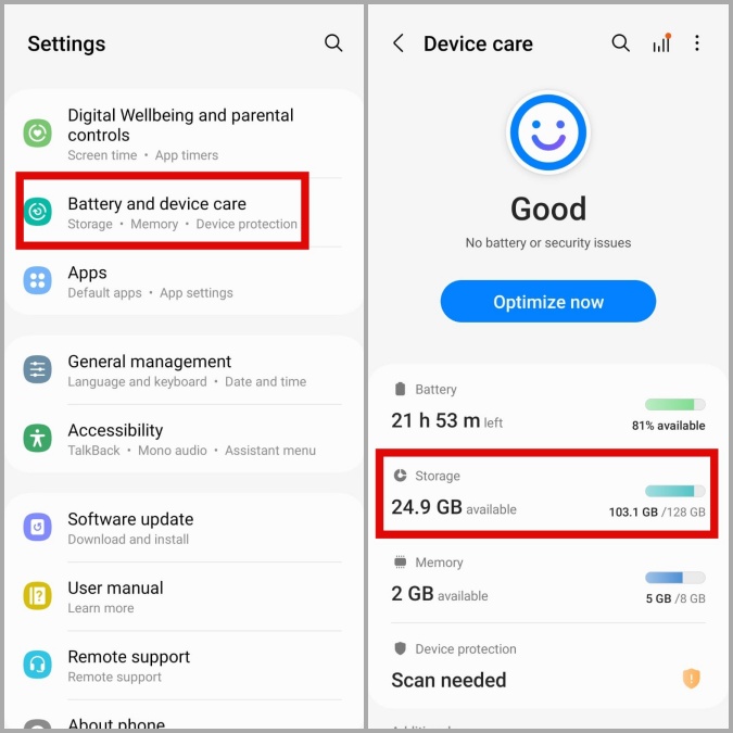 Menú de almacenamiento en el teléfono Samsung