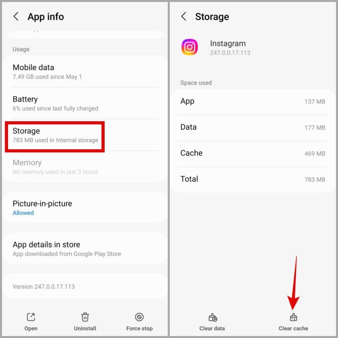 Borrar caché de aplicaciones de Instagram en Android