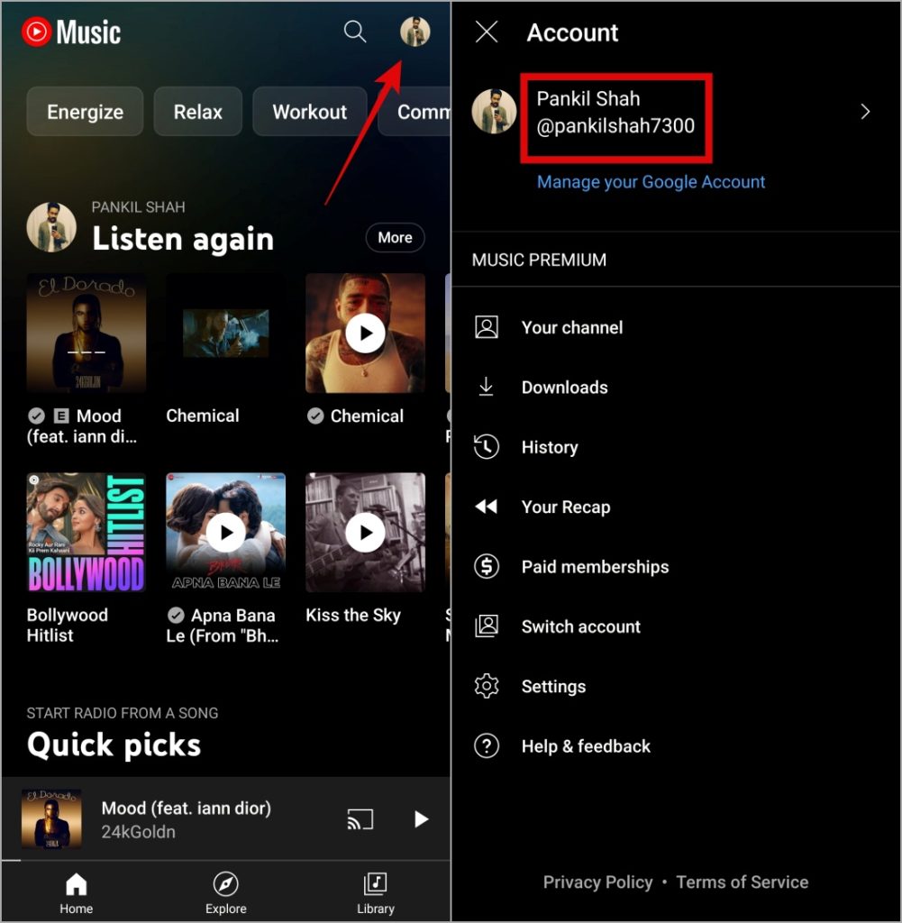 Cuenta de la aplicación de música de YouTube en Android