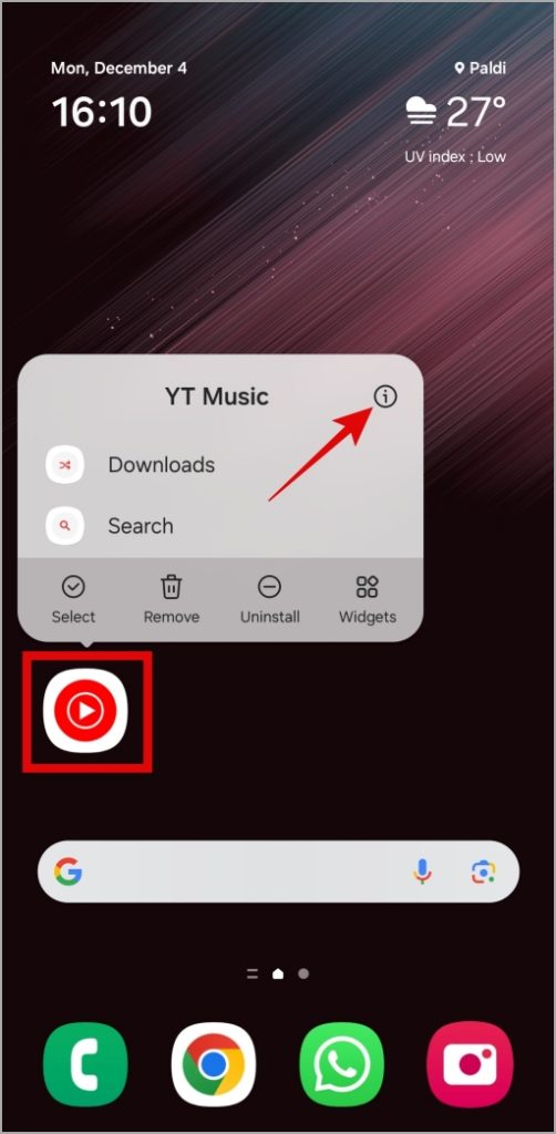Abra la información de la aplicación de música de YouTube en Android