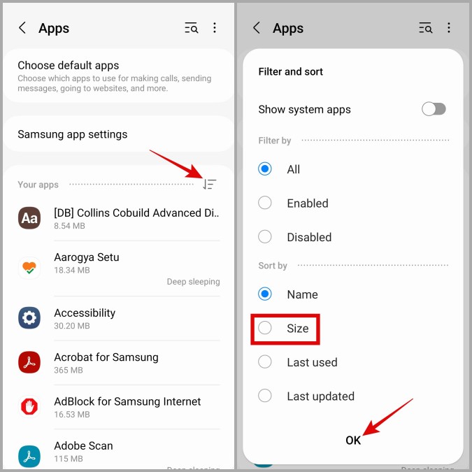 Ordenar aplicaciones por tamaño en el teléfono Samsung Galaxy