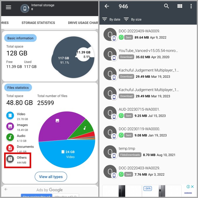 Ver otro almacenamiento en la aplicación Analizador de almacenamiento en el teléfono Samsung