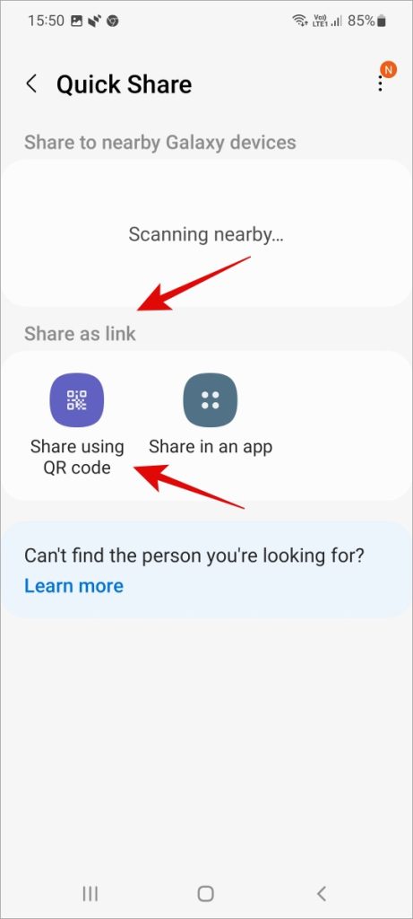 Compartir código QR o crear un enlace a Shato usando Samsung Quick Share