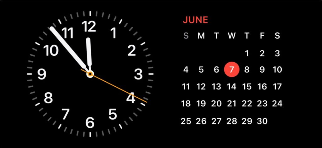 calendario y widget de reloj en la pantalla de bloqueo de iPhone en espera