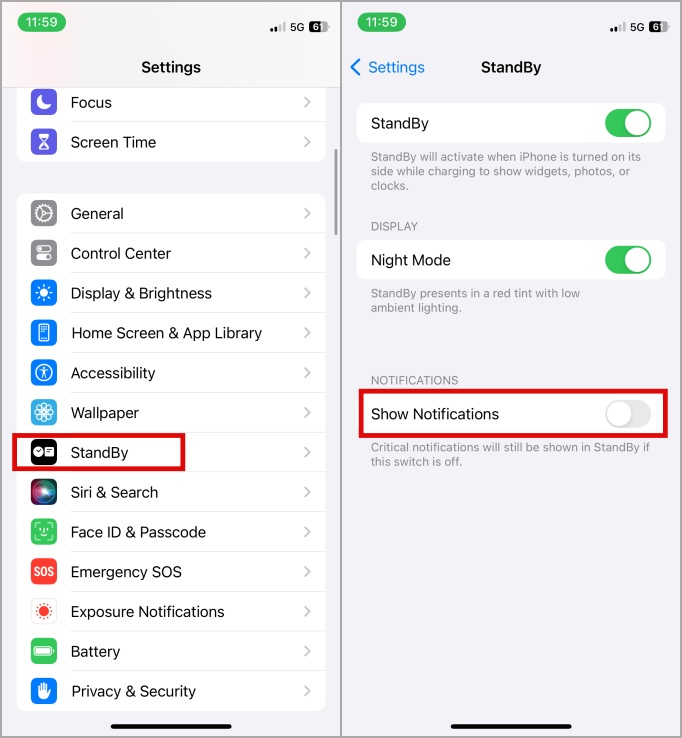 Deshabilitar notificaciones para el modo de espera en iPhone 