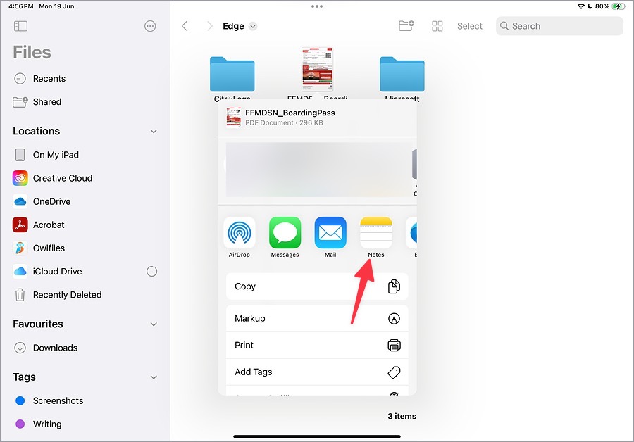 Notas en el menú de compartir el iPad de Apple