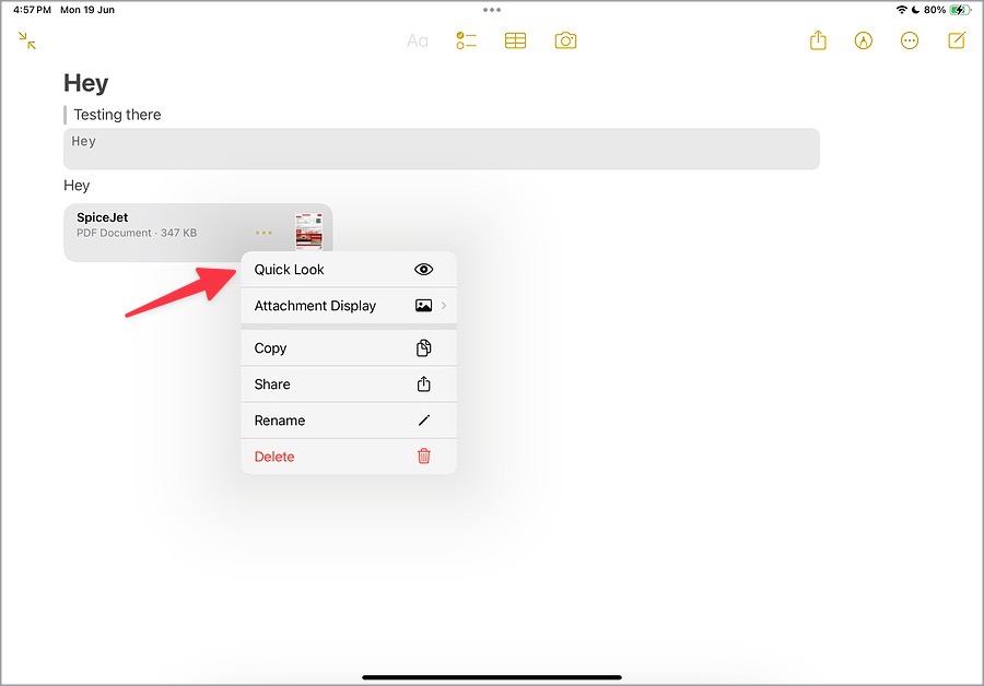 Opción de aspecto rápido en notas de Apple