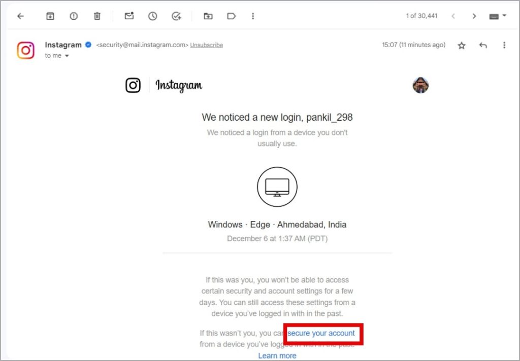 Enlace de cuenta seguro de Instagram
