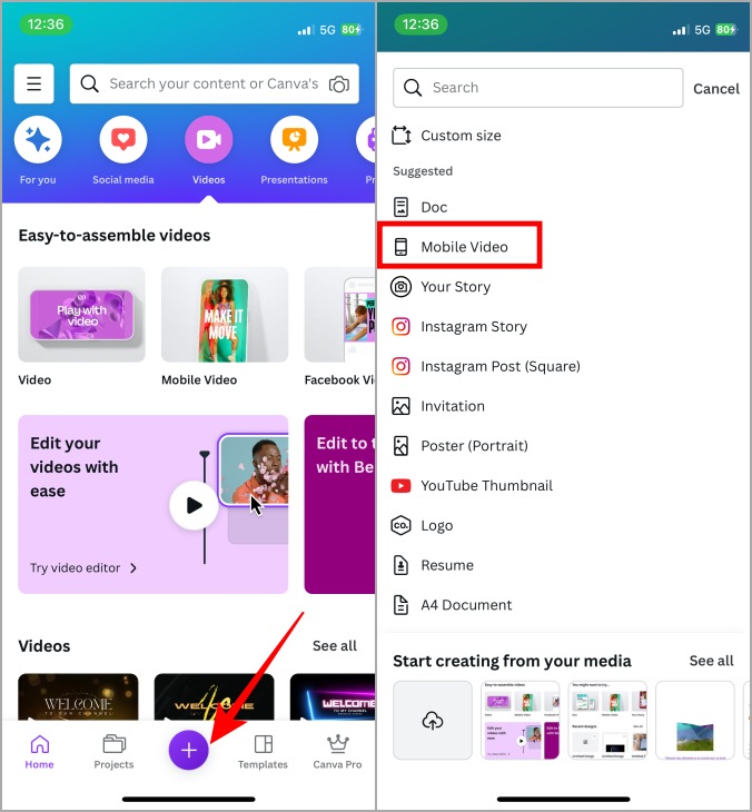 Crear video móvil en Canva Mobile