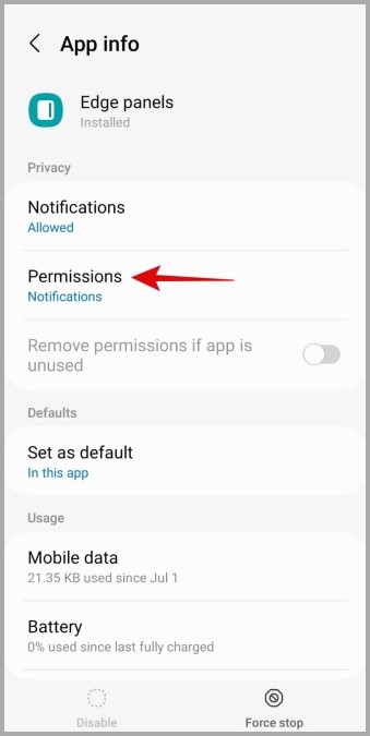 Permisos de paneles de borde en el teléfono Samsung Galaxy