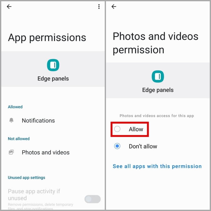 Permitir permisos de los paneles de borde en el teléfono Samsung Galaxy