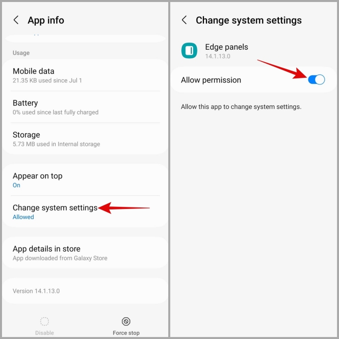Permita que los paneles de borde cambien la configuración del sistema en el teléfono Samsung Galaxy