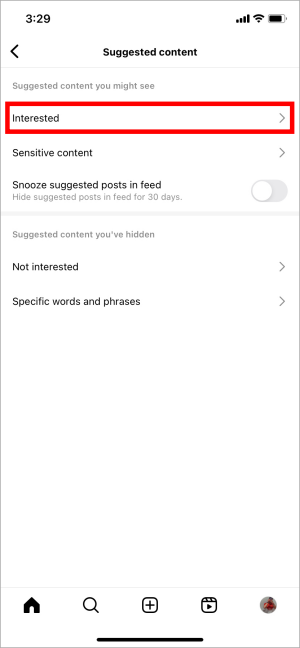 Sección de publicación interesada en Instagram