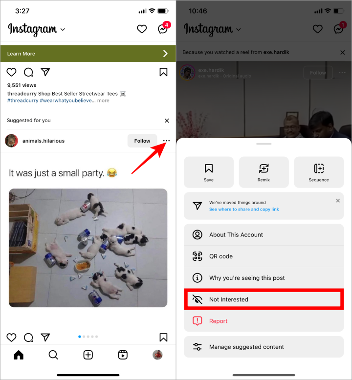 El botón no interesado en Instagram para deshabilitar la publicación sugerida.