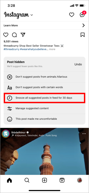Set de la publicación sugerida en feed durante 30 días en Instagram