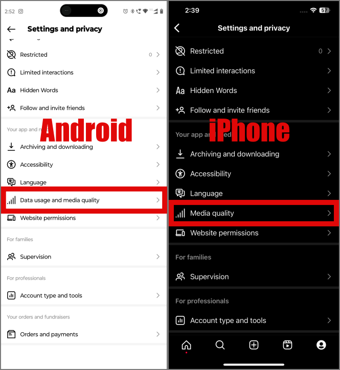 Uso de datos y opciones de calidad de medios en Android y iPhone en la aplicación de Instagram