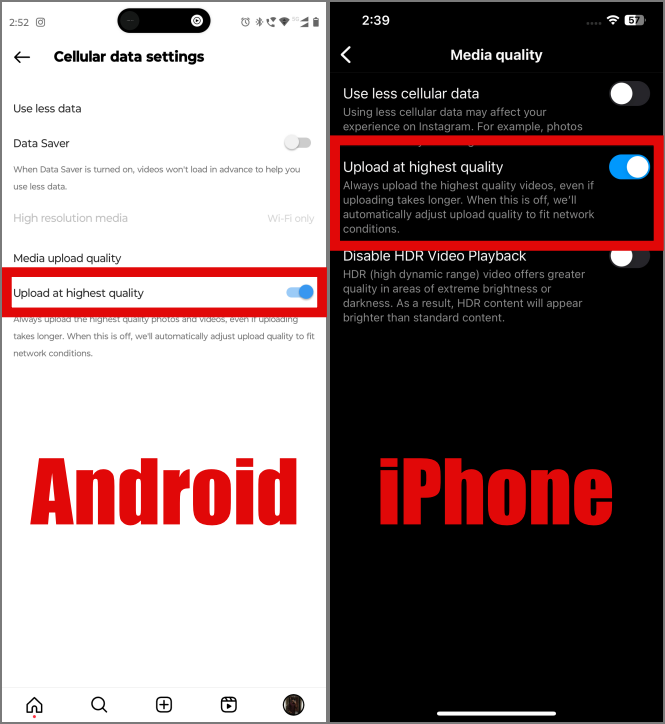 Opción para cargar en alta calidad en la aplicación Instagram desde Android y iPhone