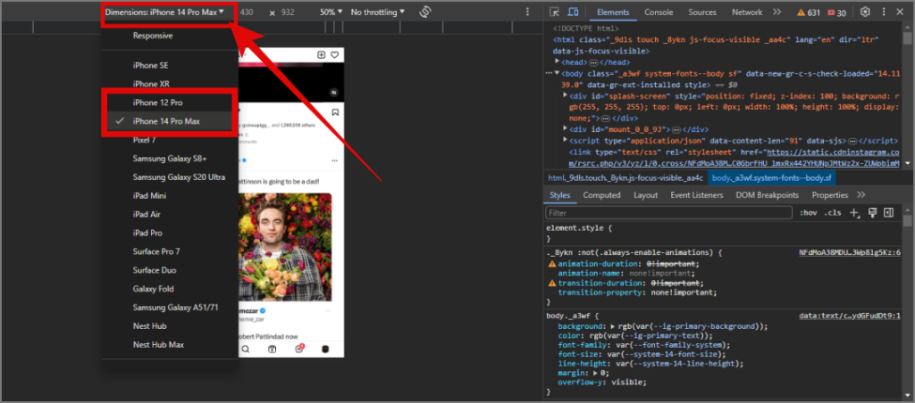 Cambiar las dimensiones de Chrome a iPhone 14 Pro Max