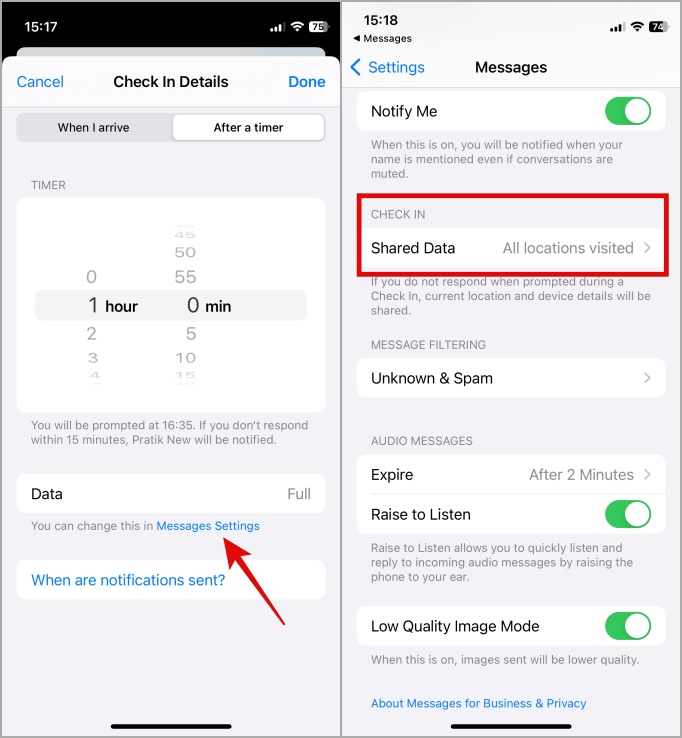 Cambiar la configuración de intercambio de datos en check on en iPhone