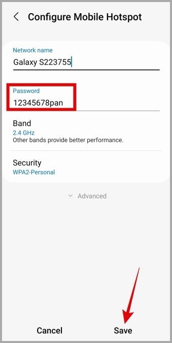 Cambiar la contraseña de hotspot en el teléfono Samsung Galaxy