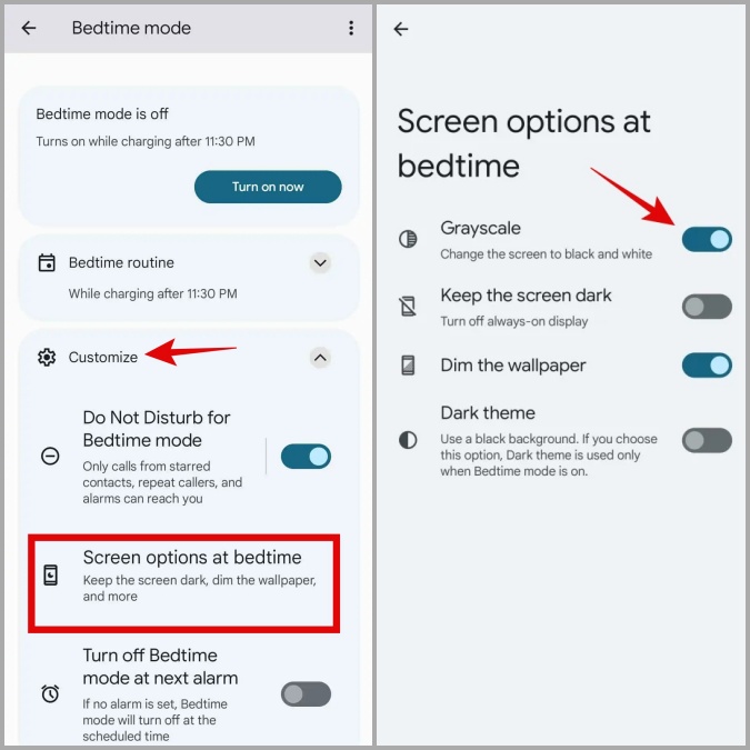 Deshabilitar la escala de grises en el modo antes de acostarse en Android