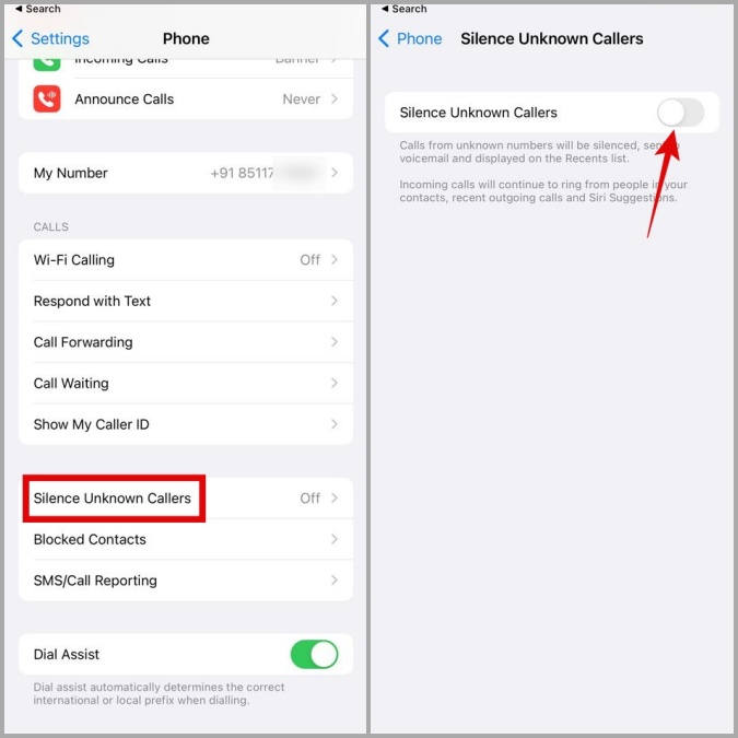 Silencio de personas que llaman desconocidas en iPhone