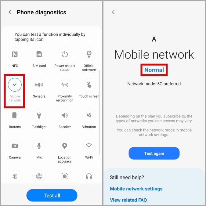 Verifique los problemas de la red móvil en el teléfono Samsung Galaxy