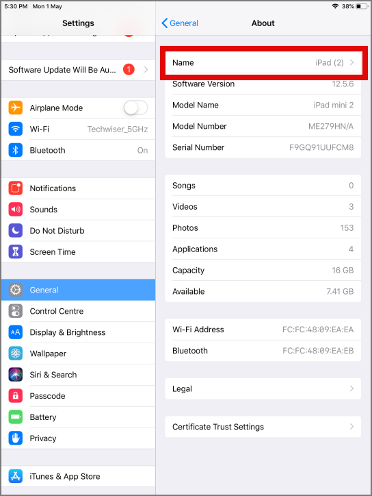 página de nombre del iPad