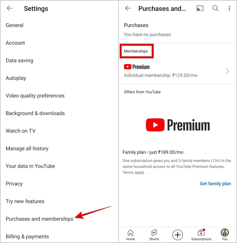 Estado de membresía premium de YouTube en móvil