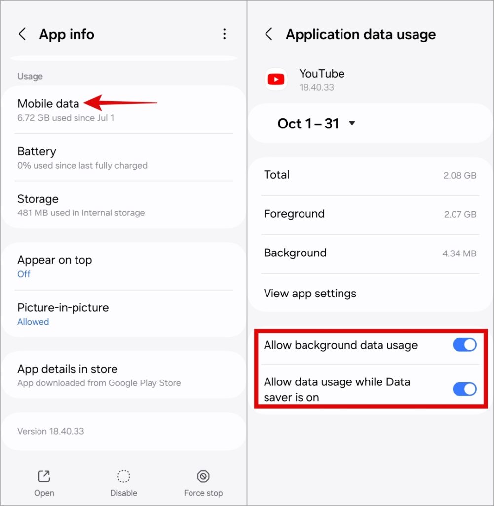 Permitir datos de fondo en YouTube en Android