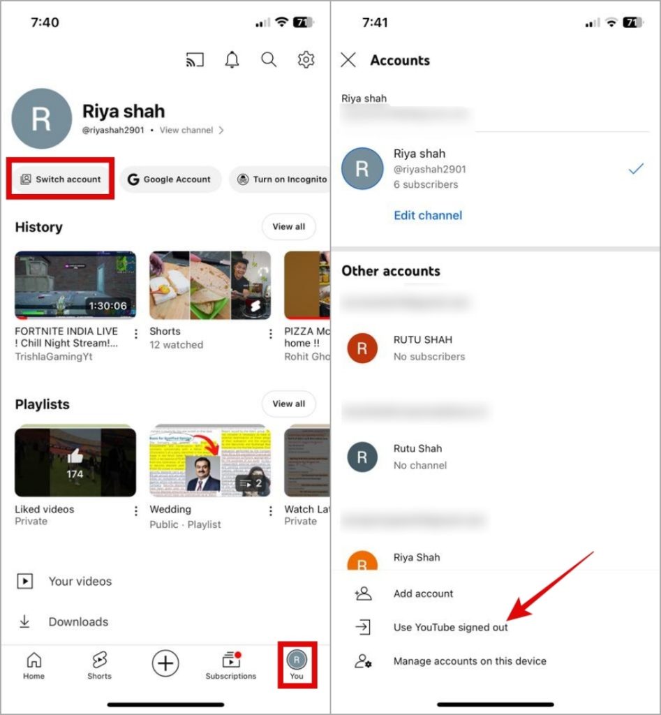 Firme en la aplicación de YouTube en iPhone