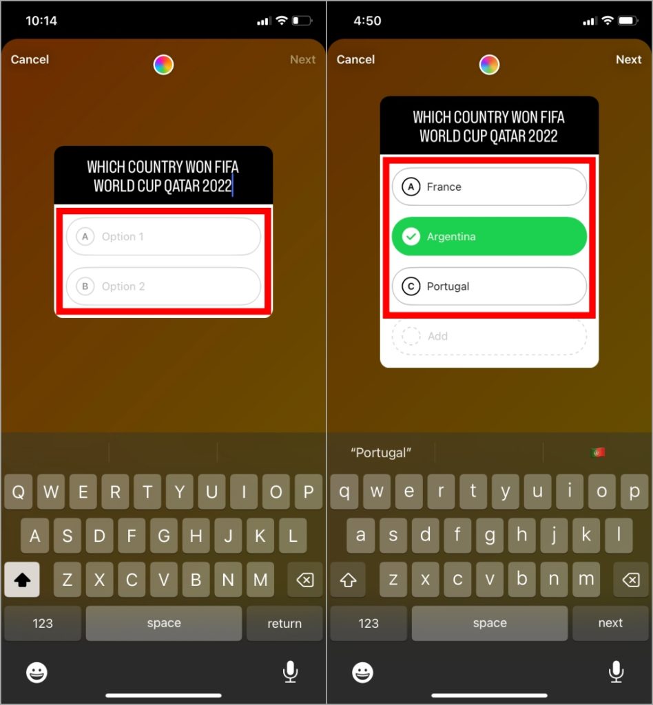 Agregar opciones para cuestionar